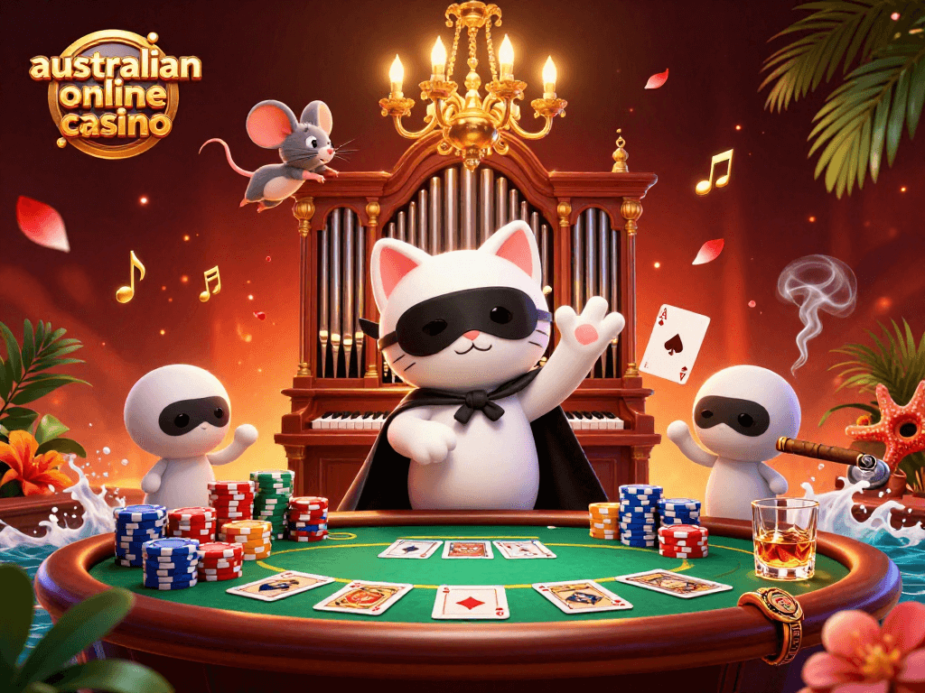 Spin to win at this vibrant illustration of an australian online casino featuring a charming masquerade scene.