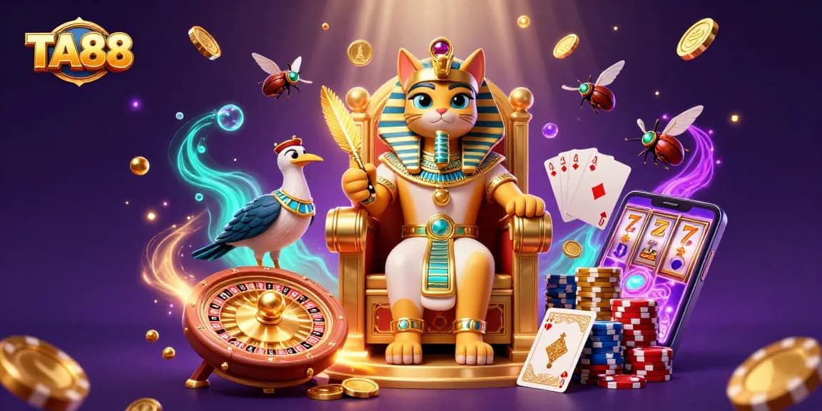 TA88 unleashing excitement with cartoon Egyptian pharaoh cat and vibrant casino elements.