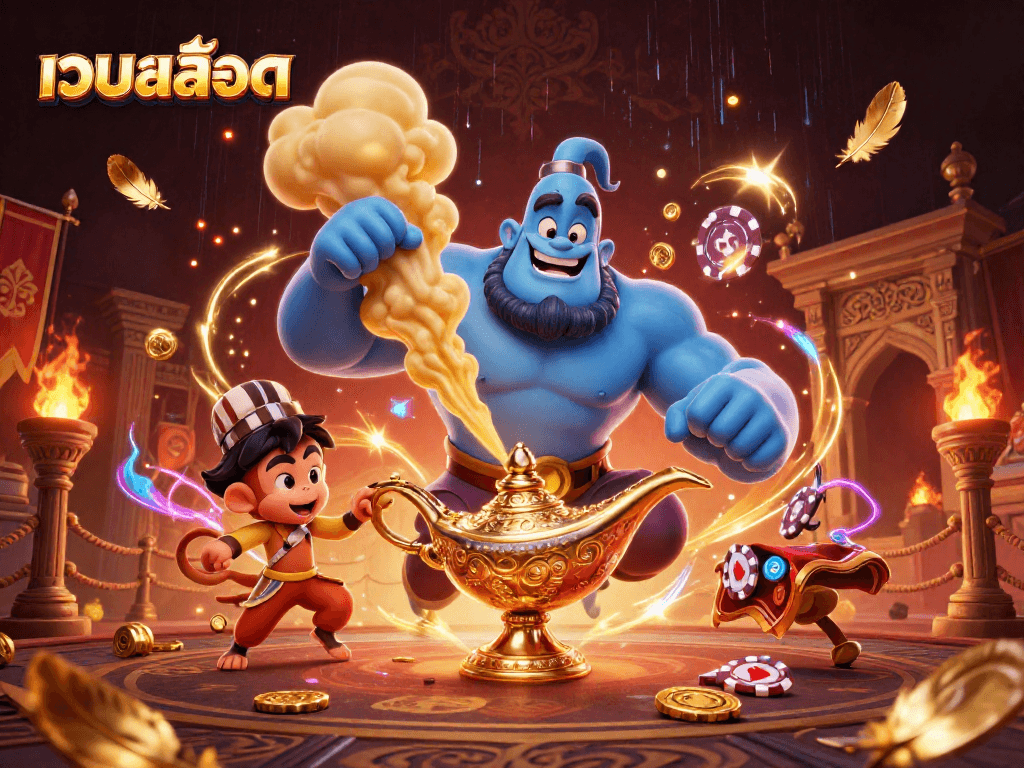 Experience thrilling เว็บสล็อต action with a genie and magic carpet in a vibrant casino scene.