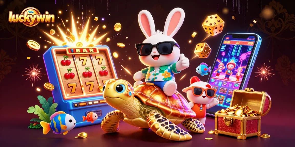 Play exciting games at luckywin, featuring a lucky rabbit and golden turtle amidst dynamic casino symbols.