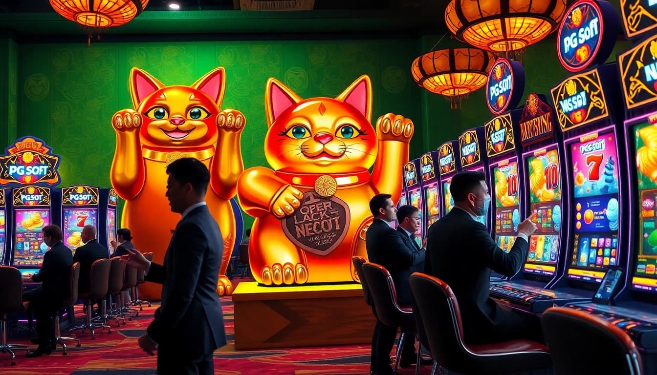Experience the thrill of Lucky Neko PG Soft ฝากถอนออโต้ at a luxury casino, featuring vibrant slot machines.