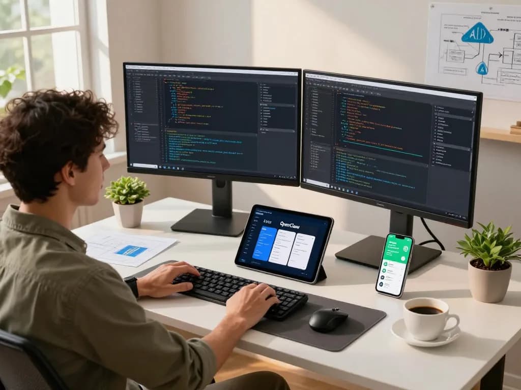 Developer using OpenClaw AI assistant on dual monitors in modern home office.