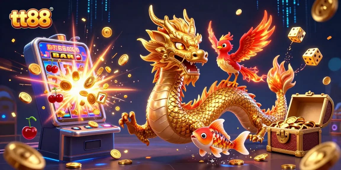 Engage in thrilling slot adventures at tt88 with a dynamic scene featuring a majestic dragon and lucky symbols.