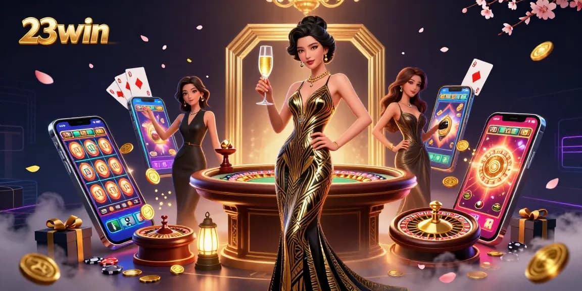 Engage in the luxurious world of 23win, where an elegant woman celebrates amidst dynamic casino elements.