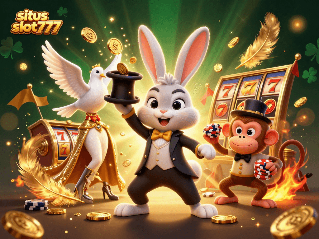 Situs slot777 offers a vibrant 3D scene with a magician rabbit pulling coins, enhancing casino excitement.