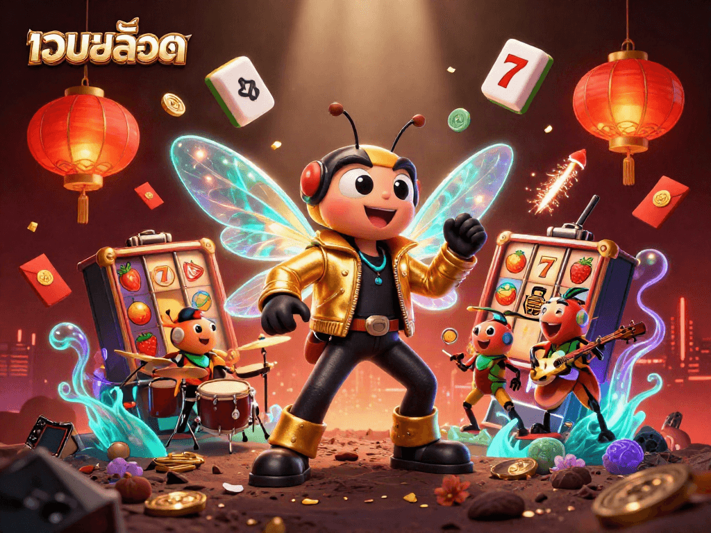 Engage with เว็บสล็อต and win big with our vibrant casino scene featuring a rock star, drummer, and lively symbols.