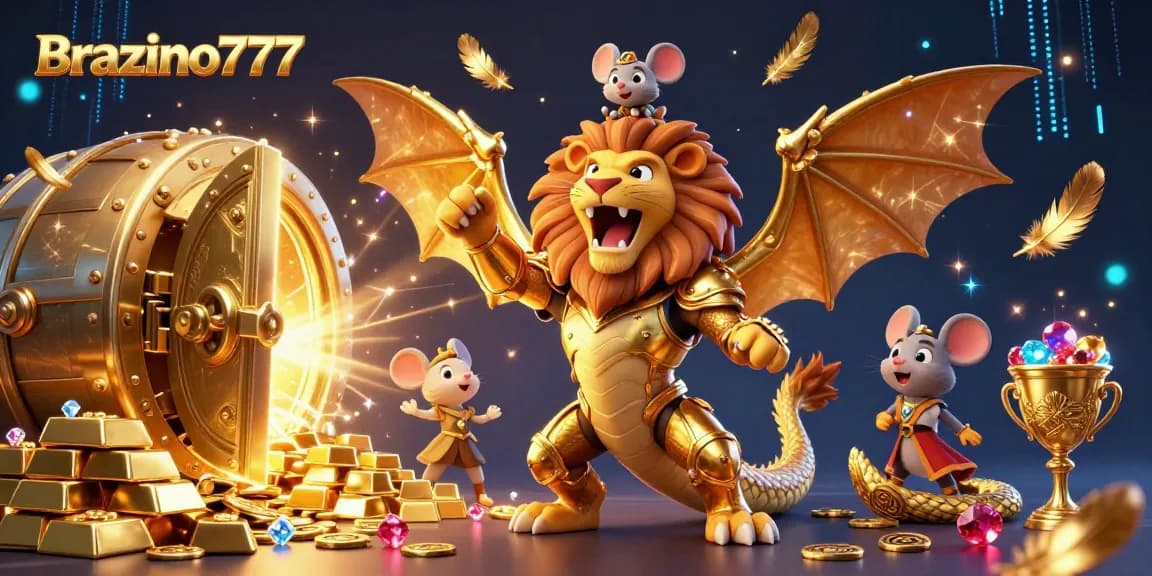Brazino777 captivates players with a golden chimera, vault bursting with treasures, and electrifying casino elements.