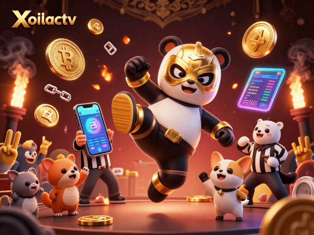 Xoilactv energizes with a panda wrestler's flying kick amidst crypto elements in a colorful casino scene