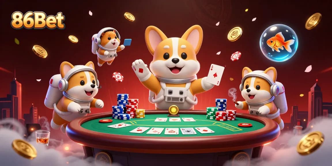 Engage with 86Bet in a vibrant 3D gambling universe featuring animated characters and casino elements.