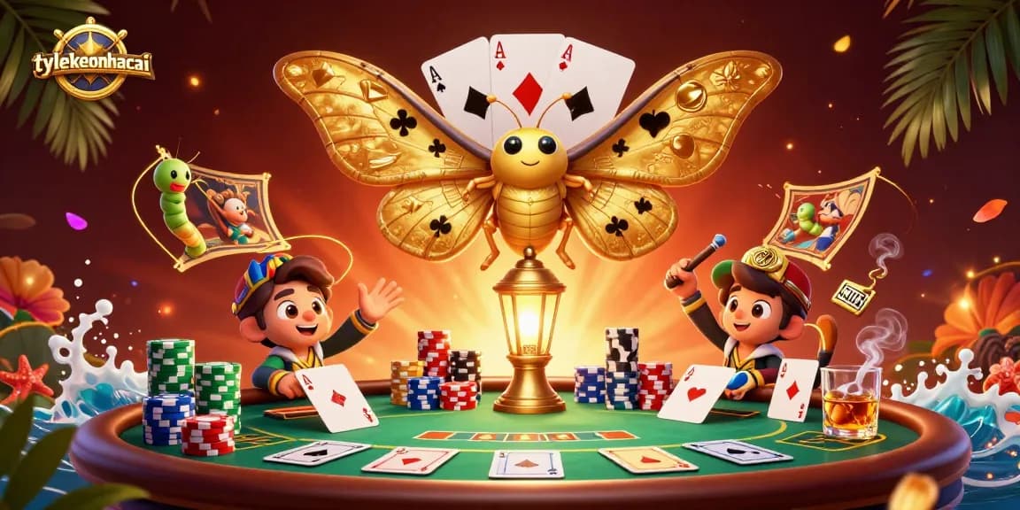 Engagingly depict the tylekeonhacai experience with a vibrant casino scene showcasing a captivating moth and poker elements.