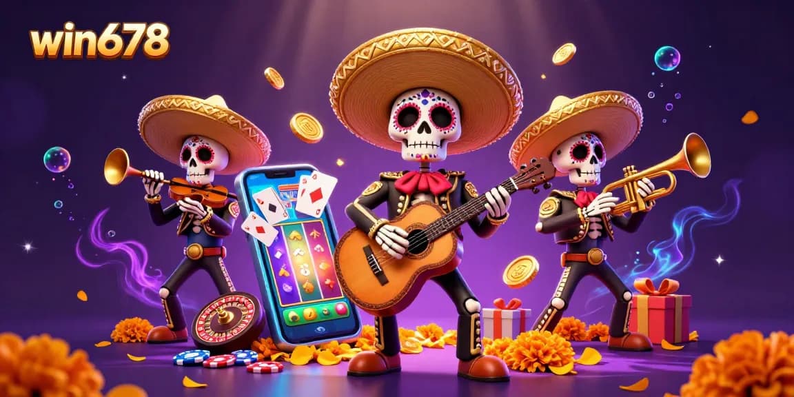 Spin slots and win big with win678 in a vibrant 3D illustration featuring a mariachi band.