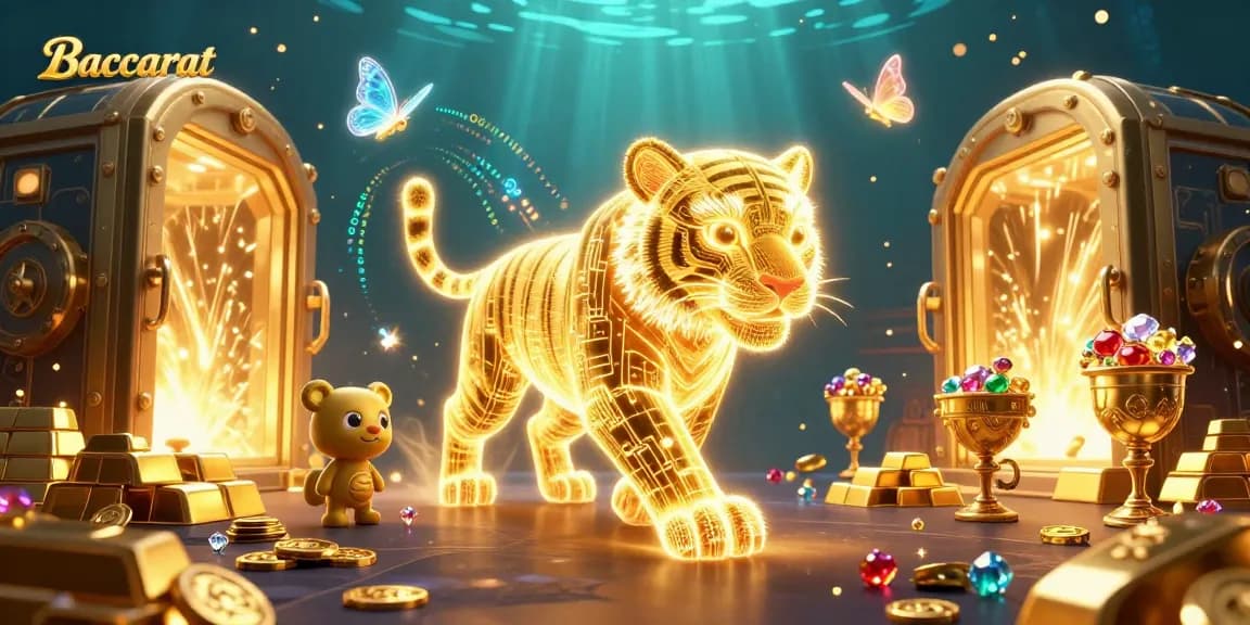 Baccarat game illustration featuring a glowing golden tiger and holographic butterflies in a vibrant digital casino