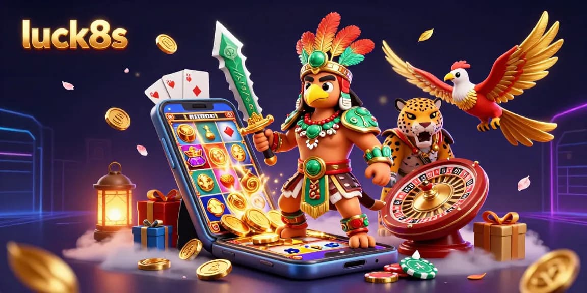 Engage with luck8s as you explore thrilling slot games in a vibrant 3D casino scene.