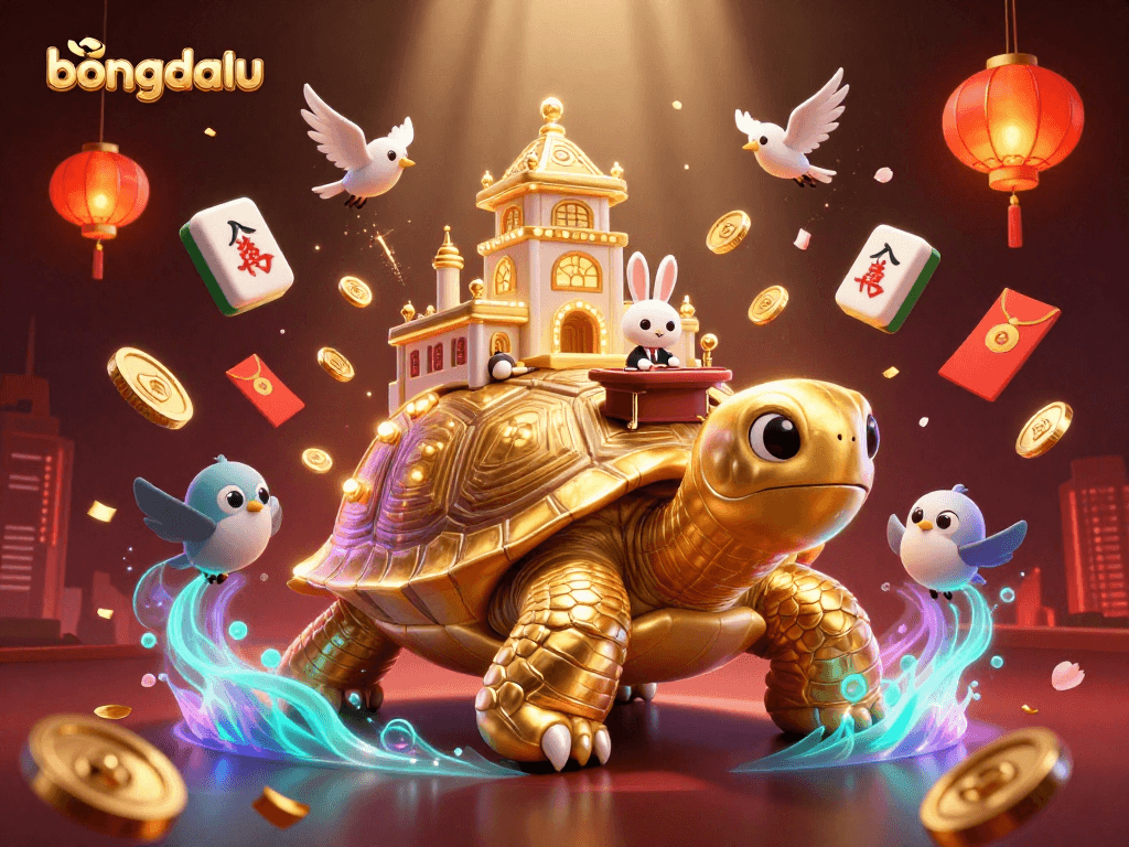 Engage with bongdalu's vibrant casino scene featuring a golden tortoise and festive elements.