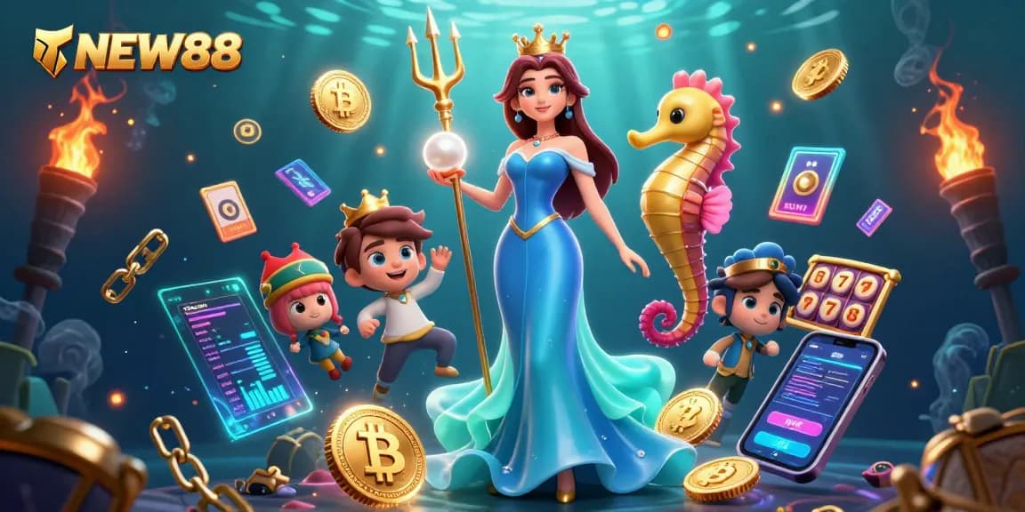 Experience thrilling gaming at NEW88 with underwater adventure theme showcasing vibrant characters and casino elements.
