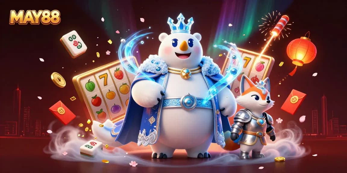 MAY88 showcases a thrilling 3D casino scene with vibrant slot machines and characters in action