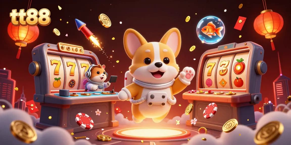 tt88 offers an exhilarating casino experience, featuring a playful corgi astronaut, poker chips, and vibrant casino elements.