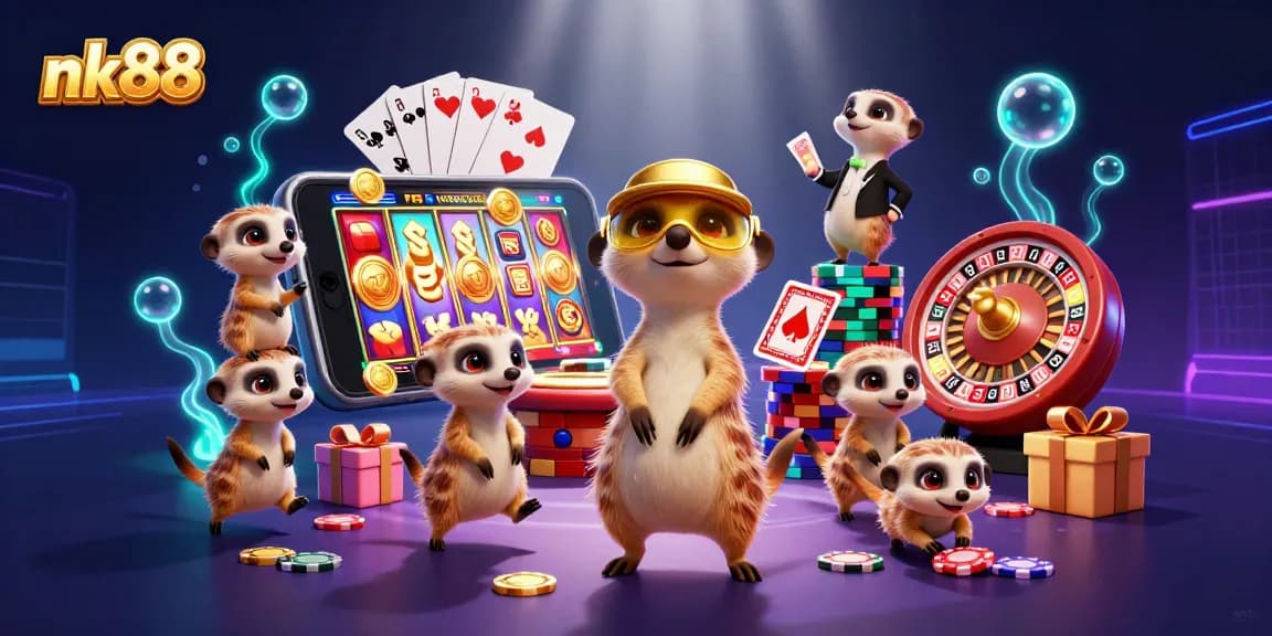 Experience the thrill at nk88's vibrant casino with meerkat characters and exciting gaming elements.