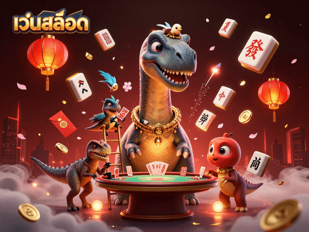 Experience thrilling เว็บสล็อต action with towering brontosaurus and clever raptor at a dynamic casino scene.