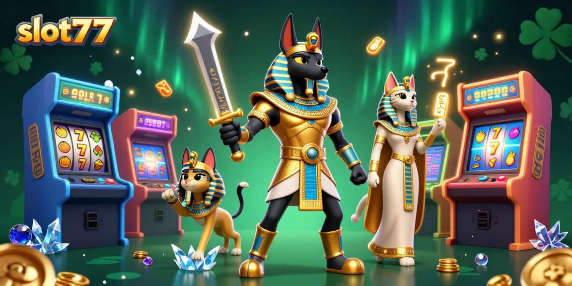 Memenangkan jackpot di slot777 dengan Anubis dan Bastet dalam ilustrasi kasino 3D.