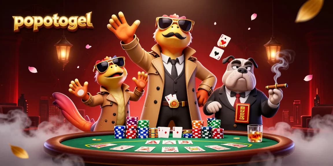 Play exciting popotogel games featuring raptors in a casino scene with poker elements.