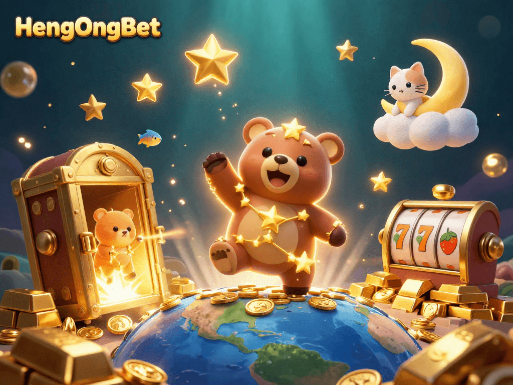 Win big at HengOngBet with vibrant 3D casino-themed illustration featuring treasure and characters.
