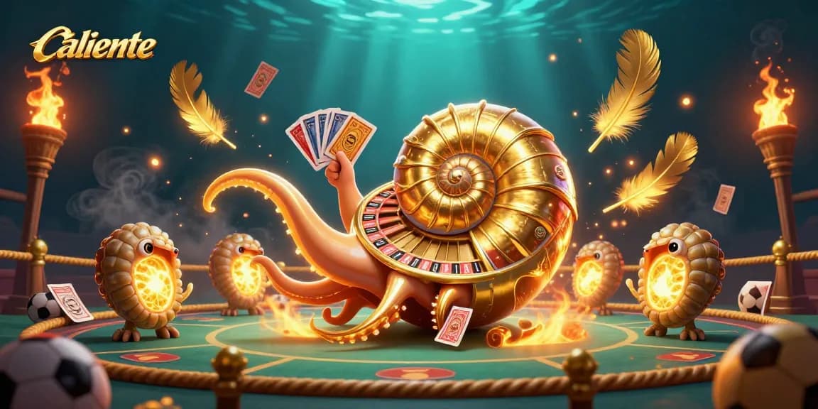 Caliente sports betting illustration featuring a giant nautilus roulette wheel and dynamic gaming elements.