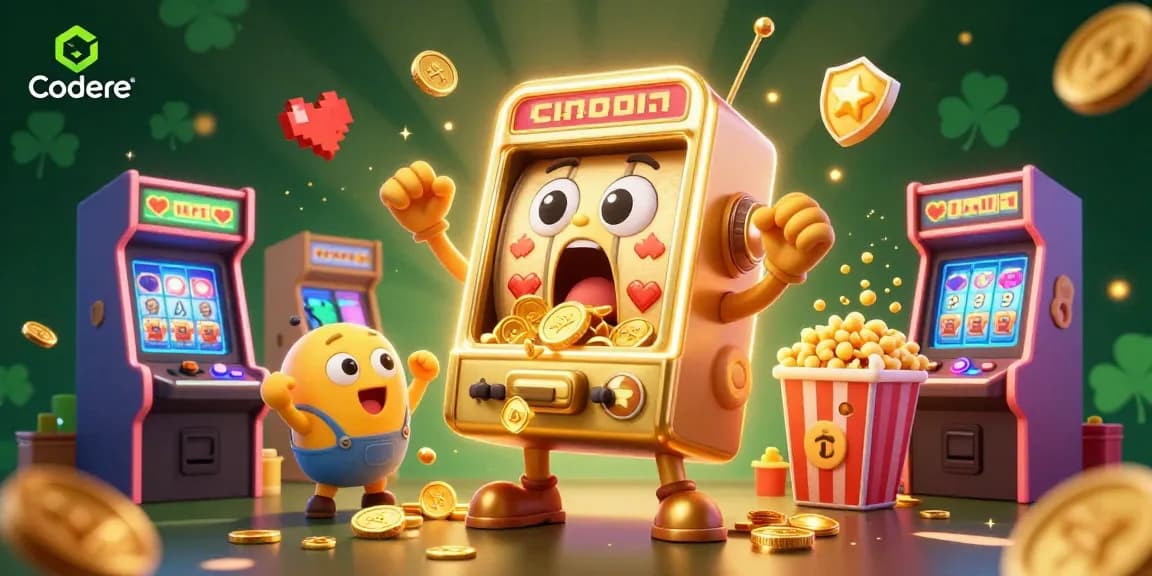 Experience the excitement of Codere with a lively 3D illustration of a joyous slot machine celebrating its jackpot.