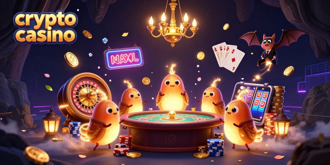 Engage in a captivating crypto casino scene illuminated by glowworms, featuring iconic elements.