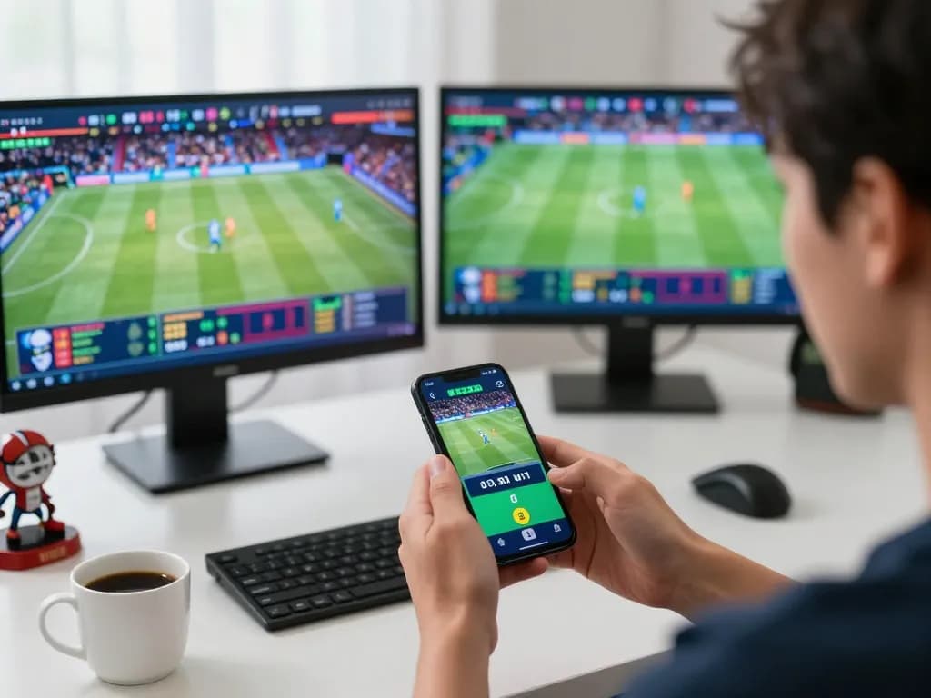 Excited gambler using sc88e app for real-time sports betting in a modern home office