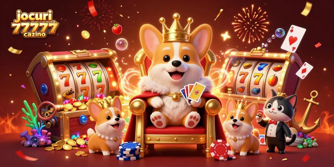 Joacă jocuri pacanele 77777 cazino alături de un corgi regal și o atmosferă de sărbătoare.