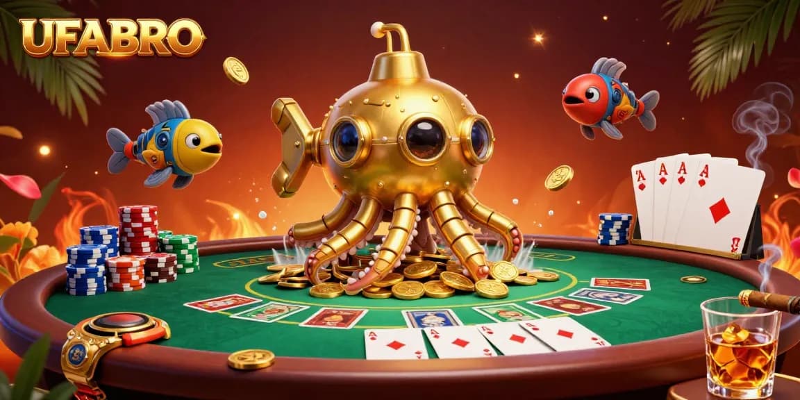 Experience thrilling gameplay with UFABRO's vibrant casino scene showcasing poker challenges and golden treasures.