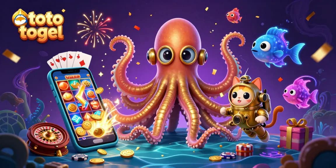 Engage with the thrilling world of toto togel through a vibrant 3D illustration showcasing a kraken, diving cat, and deep-sea fish.