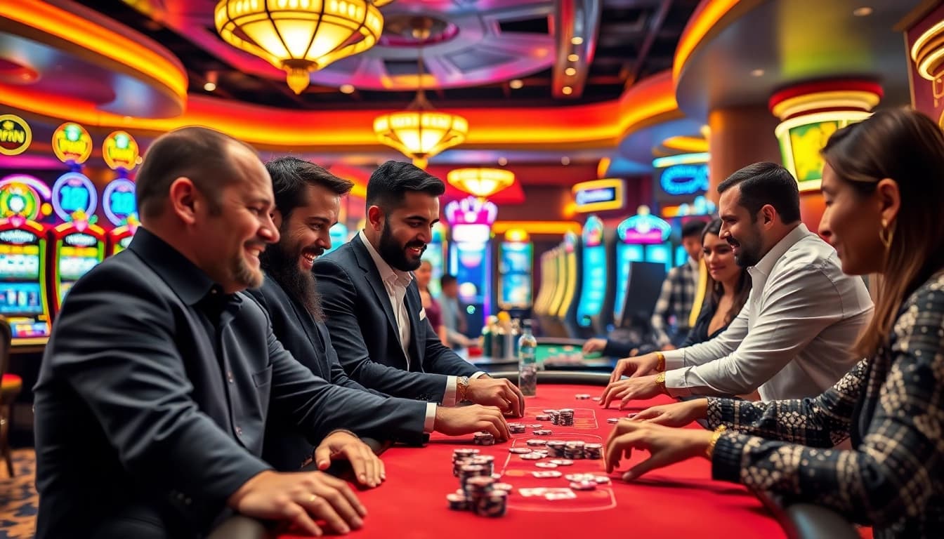 Erleben Sie casinospielen in einem lebhaften Casino mit Spielern an einem Tisch.