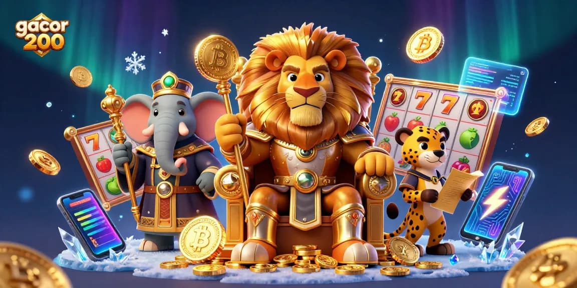 Engage with gacor 200 in a vibrant online casino scene featuring slots and crypto elements.