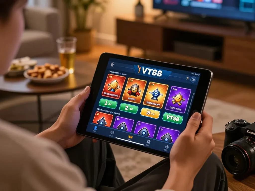 Engaging gameplay on the vt88 trang chủ interface with cozy home setup, highlighting responsible gaming.