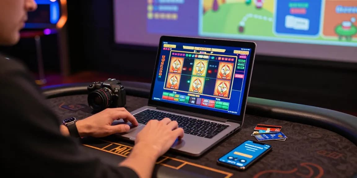 Player engaging with credit card casinos at a stylish gaming setup with laptop and cards.