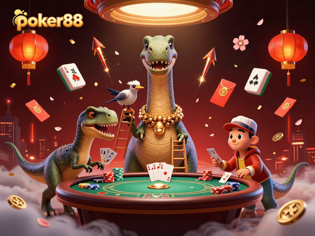Poker88 mengajak Anda untuk merasakan sensasi kartu poker dengan brontosaurus raksasa dan raptor yang membagikan kartu.