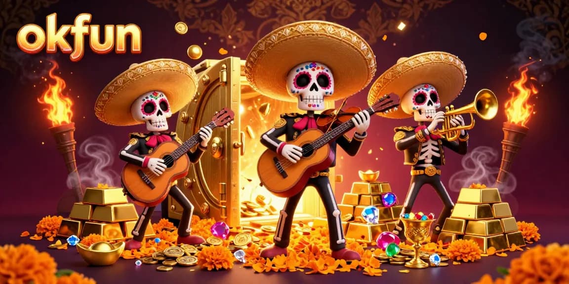Experience exciting winnings with okfun in a vibrant 3D illustration of a mariachi band and casino treasures.