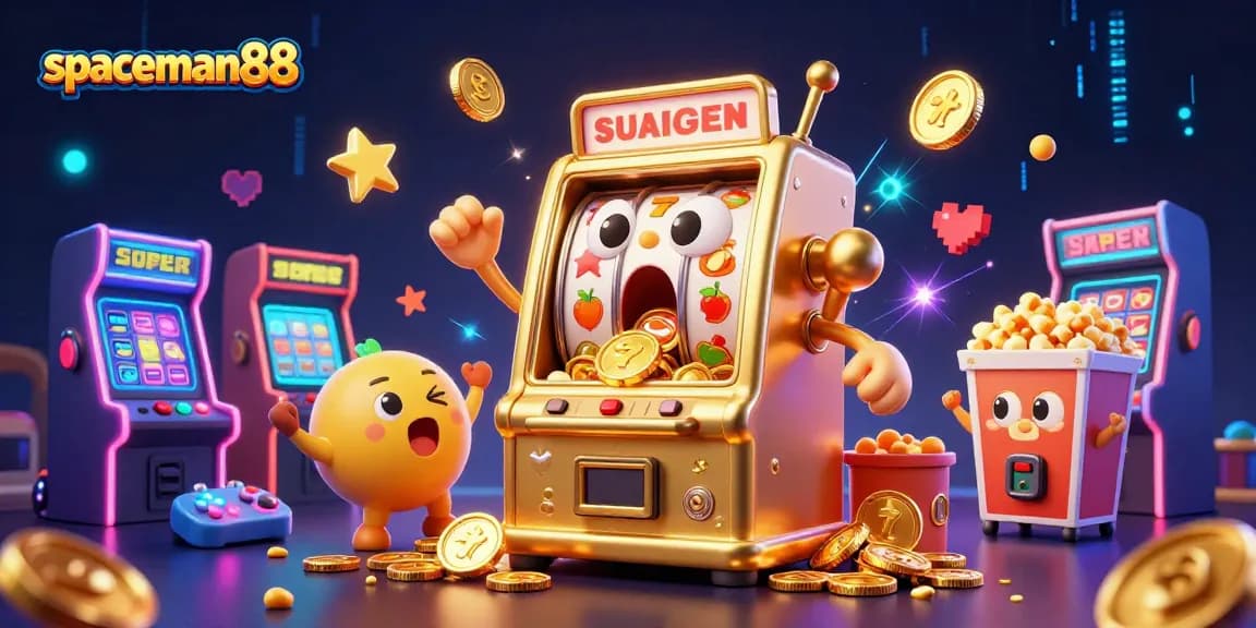 Experience thrilling wins at spaceman88 as a golden slot machine hits a jackpot with coins pouring out.
