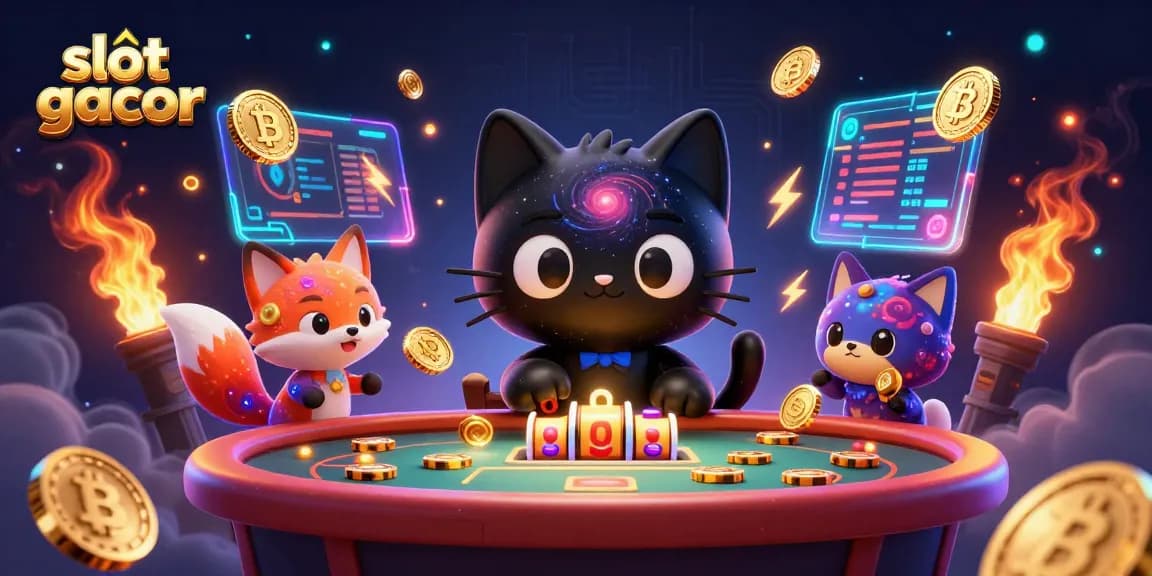 Experience slot gacor excitement with a cosmic casino scene featuring a black hole cat and nebula fox.