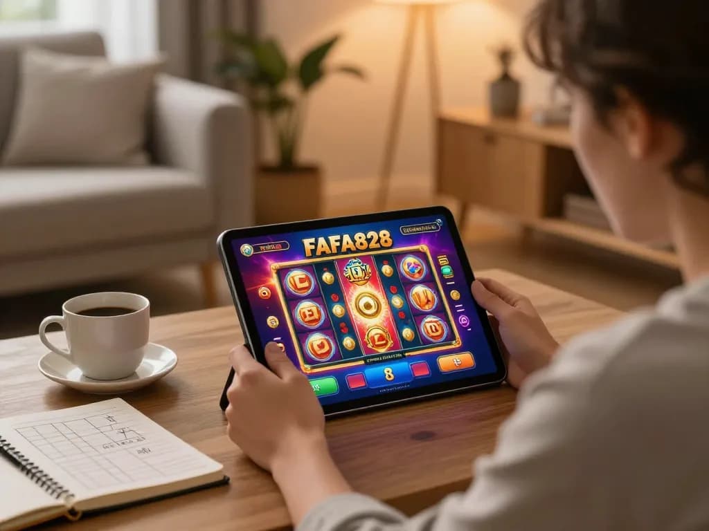 Player engaging with FAFA828 slots on tablet in cozy home setting, showcasing online gaming experience.