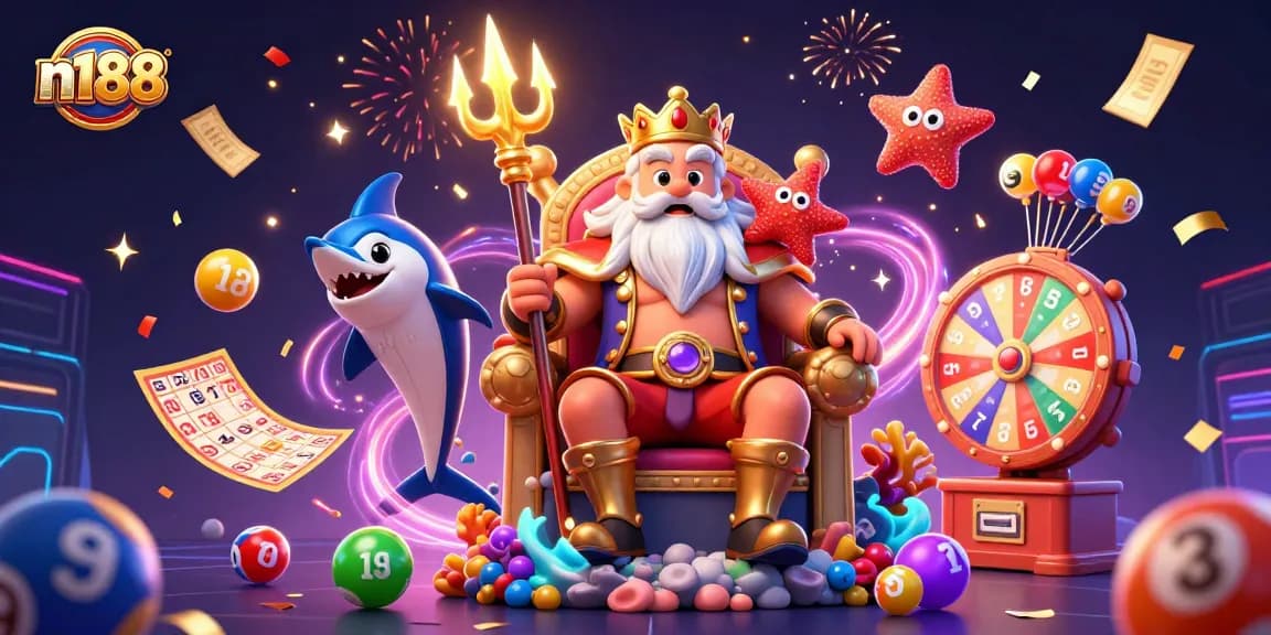 Engage with n188's exciting lottery games featuring colorful balls, gold tickets, and dynamic prize elements.