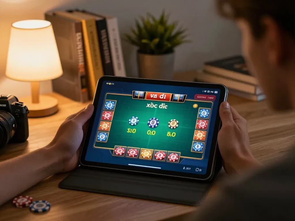 xóc đĩa gameplay on tablet showcasing betting interface in cozy home setting
