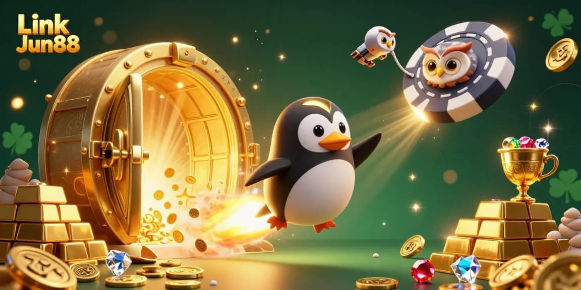 Win big at Link Jun88 with a captivating 3D casino adventure featuring gold coins and treasures.