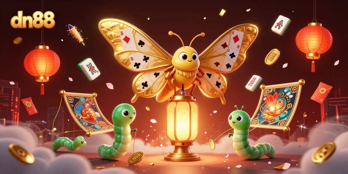 Experience dn88 with a vibrant 3D casino scene featuring a golden-winged moth surrounded by gaming elements.
