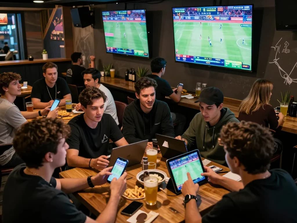 LIGA2000 bettors placing live bets in a lively sports bar atmosphere.