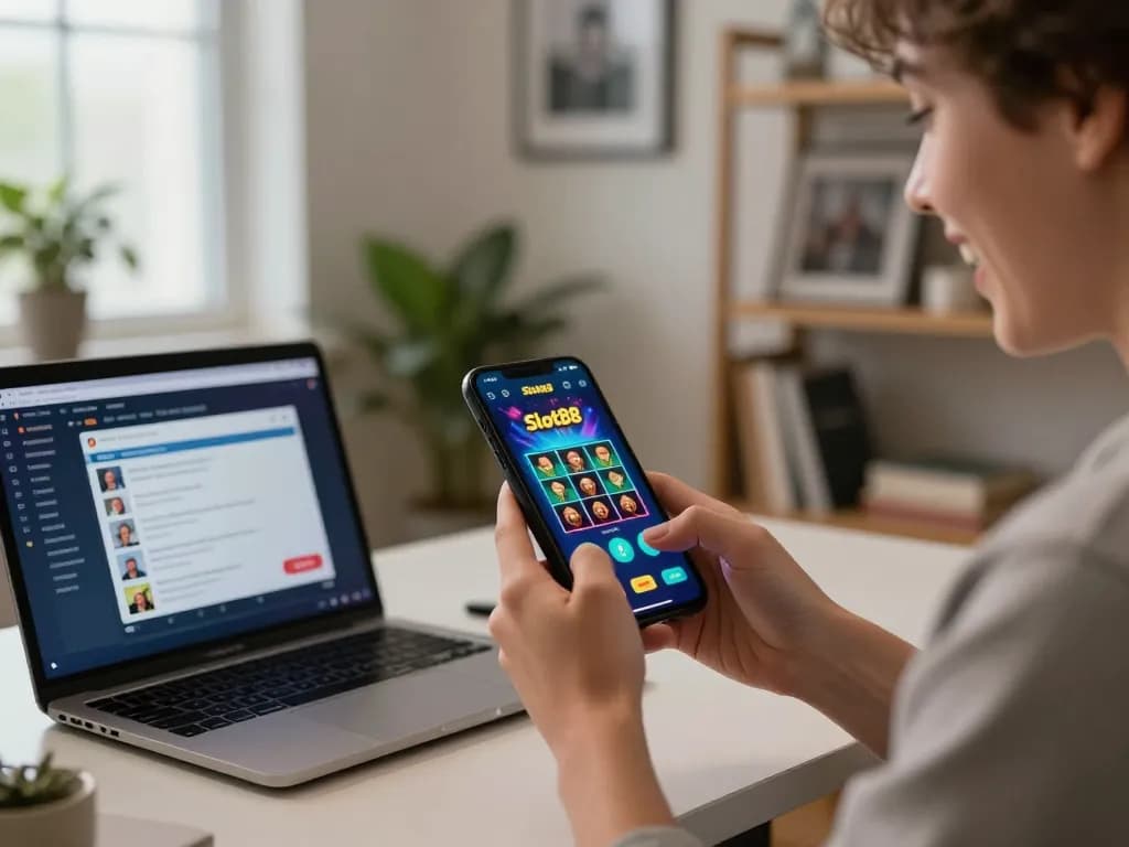 Engaging with Slot88 app in a stylish home office, illustrating modern online gaming excitement.