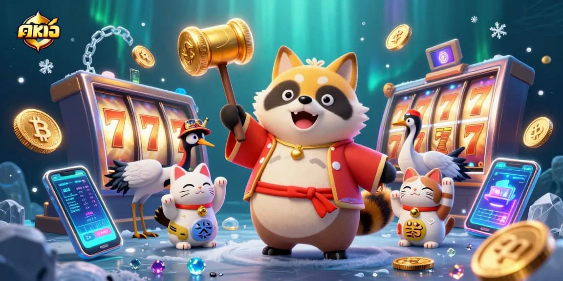 Engage with ดูหนัง in a vibrant, dynamic casino scene featuring cheerful characters, vibrant slot symbols, and thematic elements.