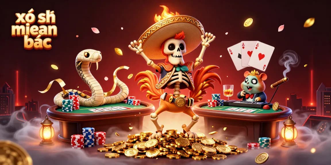 Engage in the thrilling xổ số miền bắc, captured with vibrant characters celebrating fortune amidst a dynamic casino scene.